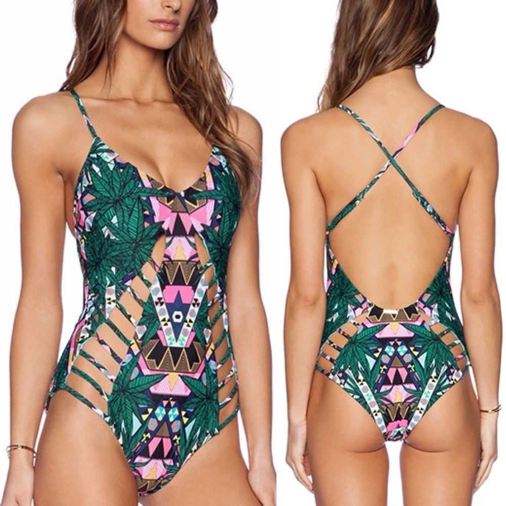 Tropical Aztec Print Cutout One Piece Swimsuit